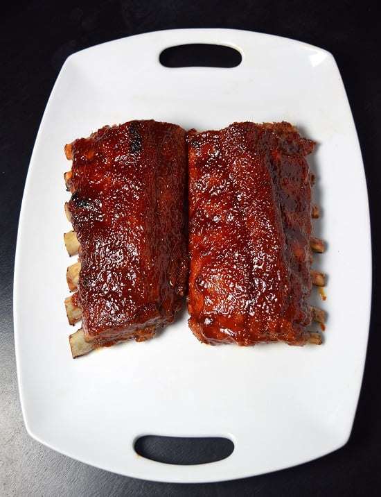 Overhead view of baby back ribs from the oven 