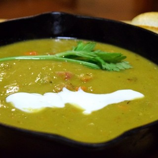 Ham and split pea soup in cast iron pan