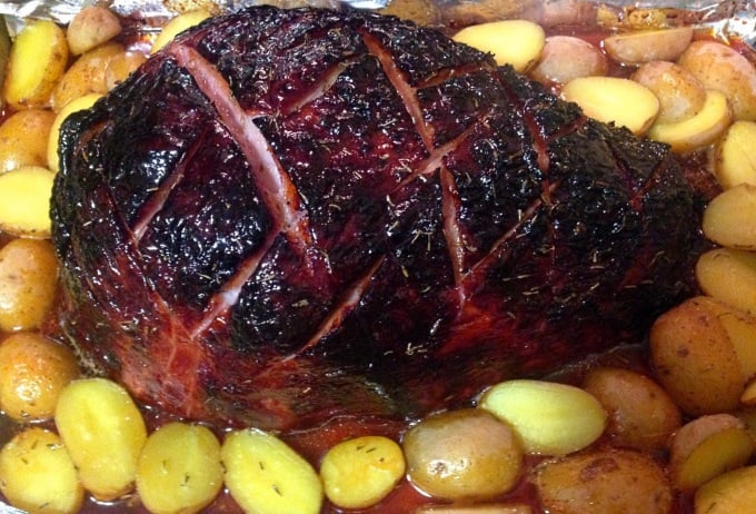 Roasted Ham and Potatoes on baking sheet