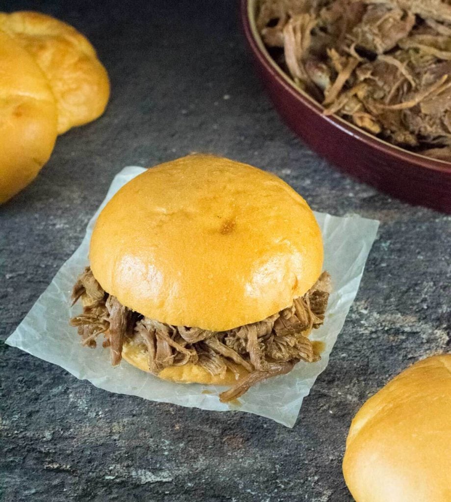 Shredded beef sandwiches on a hard roll.