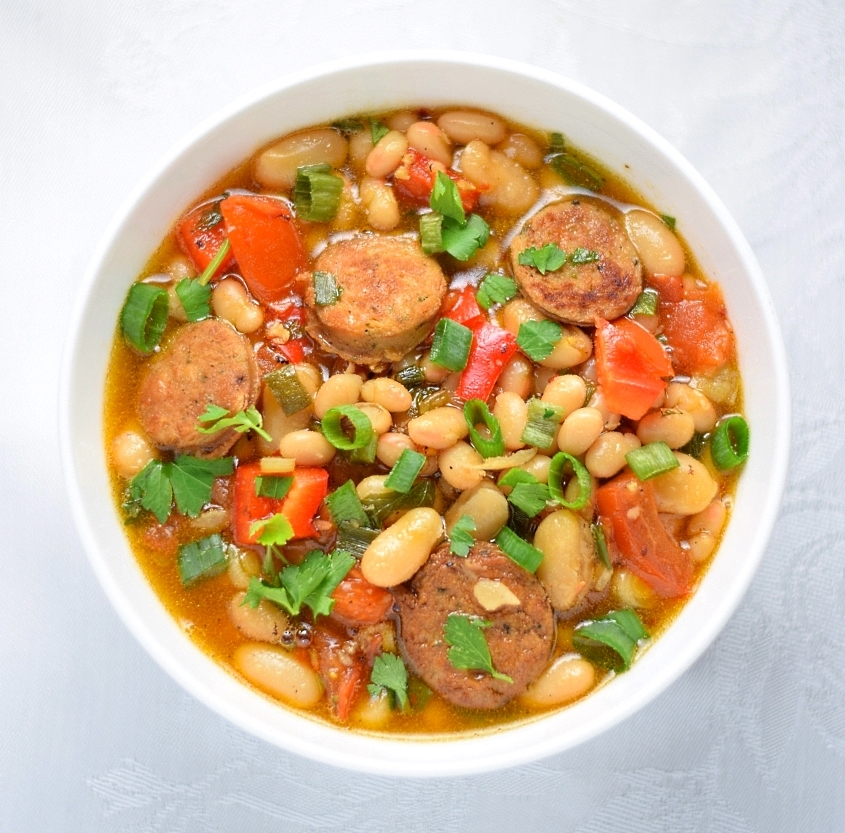 A deliciously simple hot bean and sausage salad