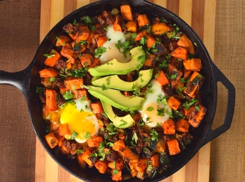 Chorizo Sweet Potato Hash with Eggs