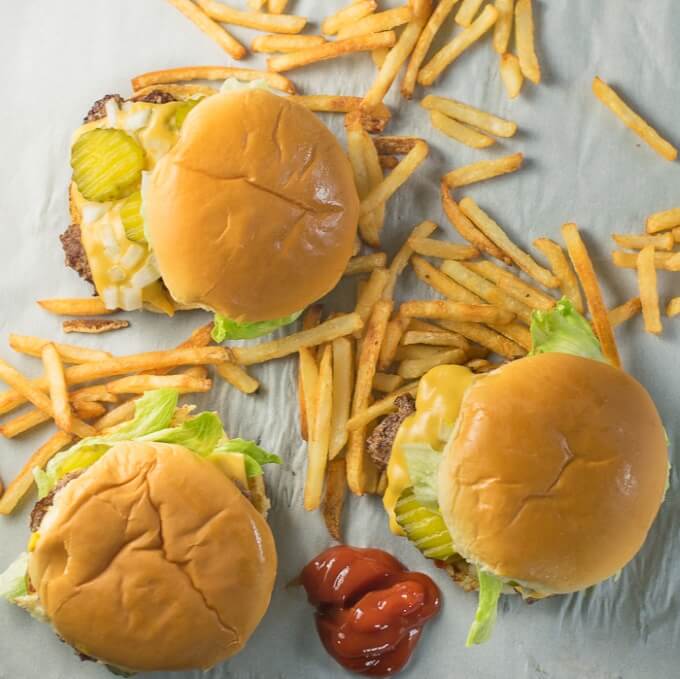 Fast Food Burger Recipe Overhead Shot with French Fries