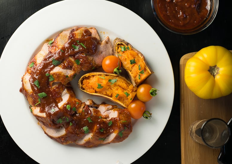 Cherry Chipotle BBQ Sauce served on sliced pork tenderloin.