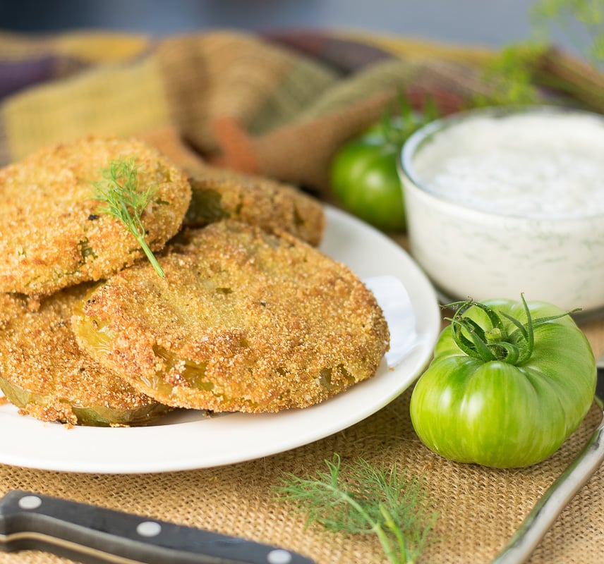 Fried green tomatoes with blue cheese dill dipping sauce