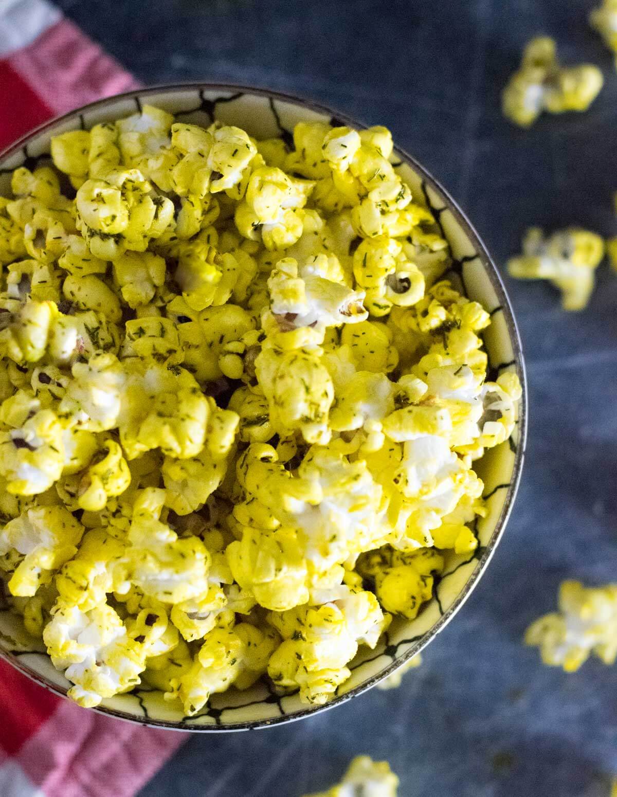 Serving dill pickle popcorn.