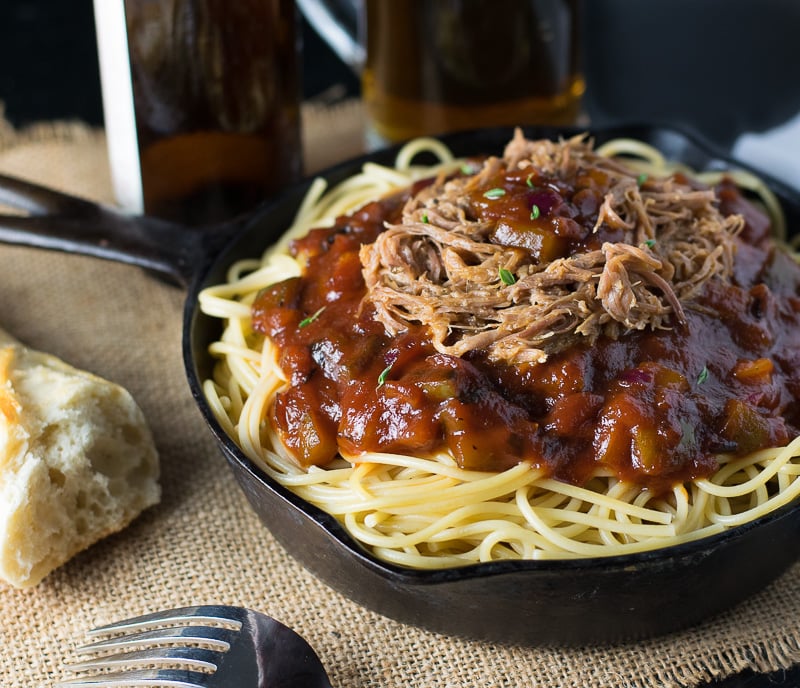 Serving BBQ spaghetti.