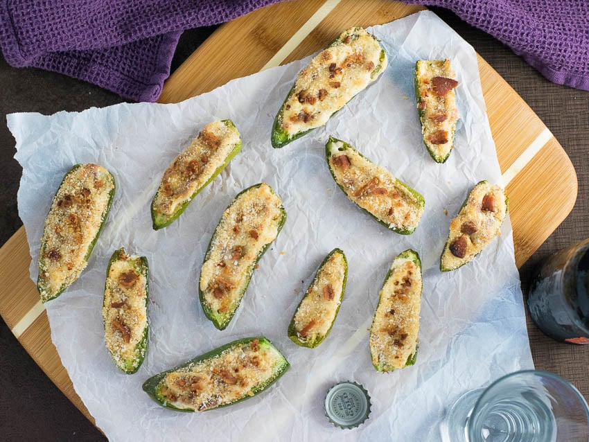 Jalapeno poppers with bacon viewed from above.