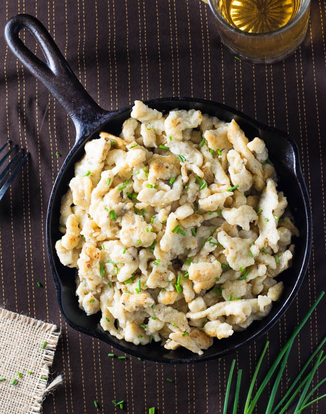 Spaetzle in cast iron viewed from above.