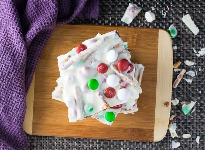 Serving Christmas bark on tray.