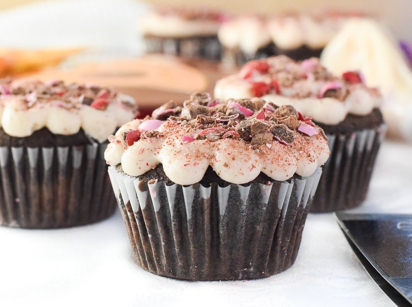 Chocolate Valentine's Day Cupcakes with Strawberry Frosting and M&M's®