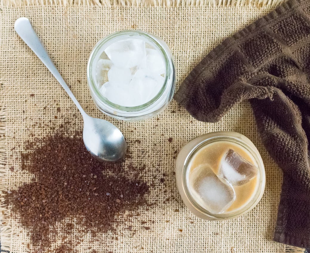 Creamy Vanilla Mocha Iced Coffee in mason jar.