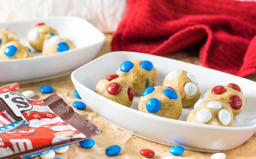 Edible M&M's Cookie Dough in white bowl.