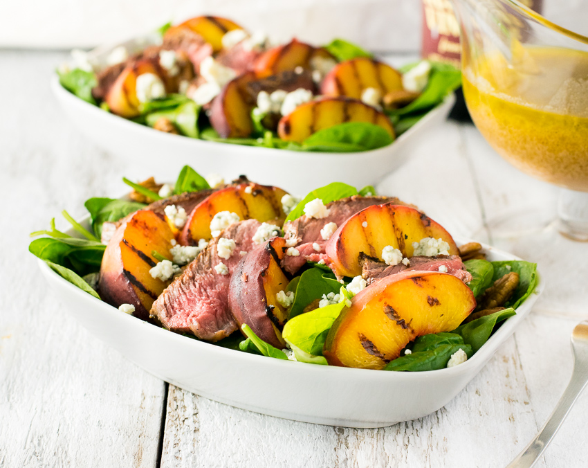 Grilled steak and peach salad with pecans blue cheese and red wine vinaigrette recipe