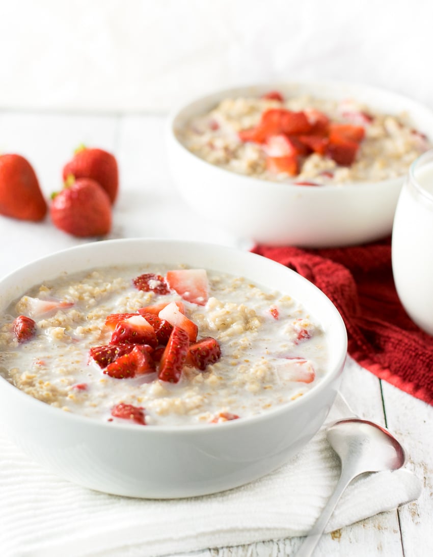 Strawberries and Cream Oatmeal on table.