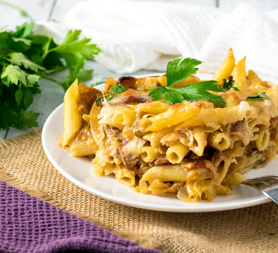 Cheesy Caramelized Onion and Bacon Pasta Bake