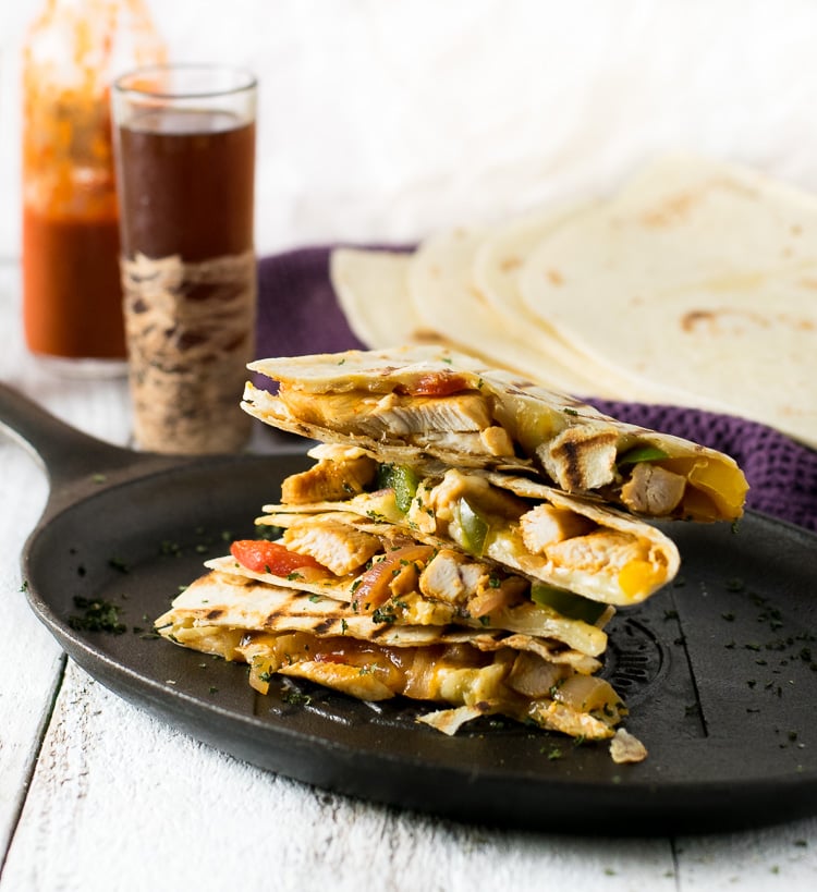Chicken Fajita Quesadilla cut and stacked on top of each other.