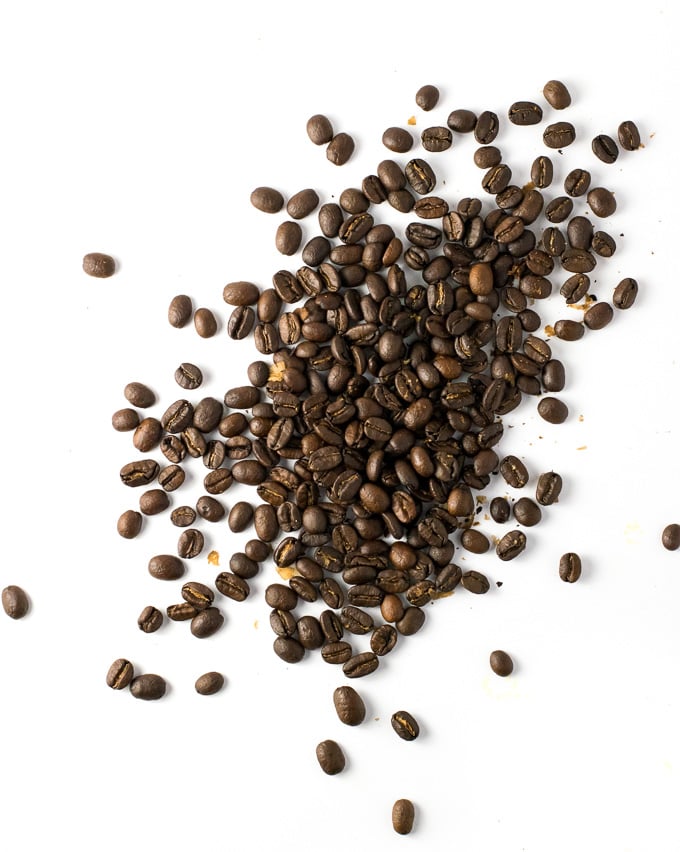 Whole roasted coffee beans.