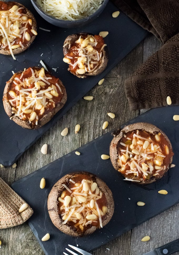 Roasted Portobello Mushrooms with Salsa Parmesan and Pine Nuts