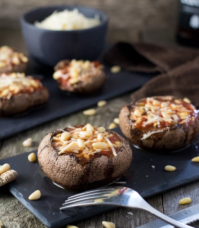 Roasted Portobello Mushrooms with Salsa Parmesan and Pine Nuts