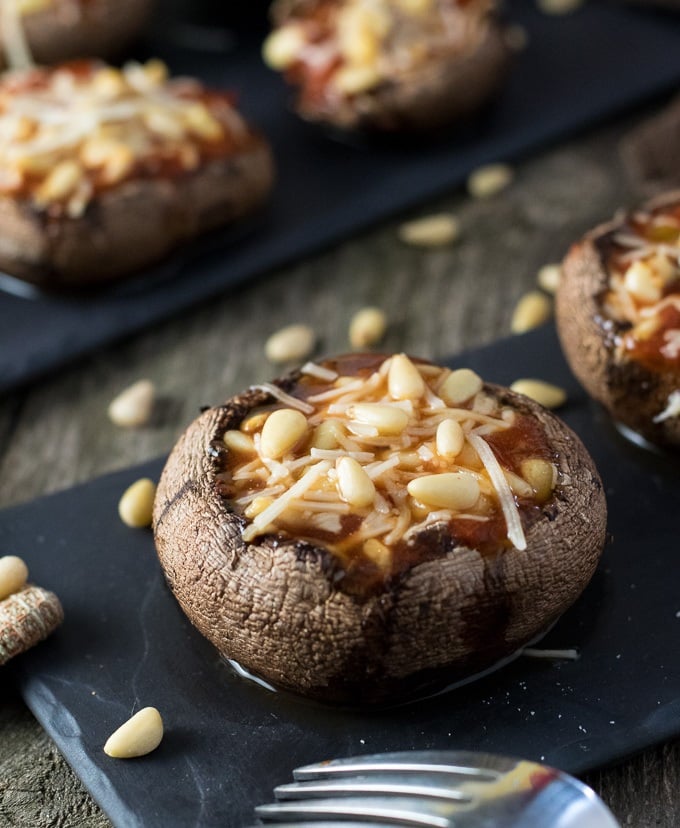 Roasted Portobello Mushrooms with Salsa Parmesan and Pine Nuts