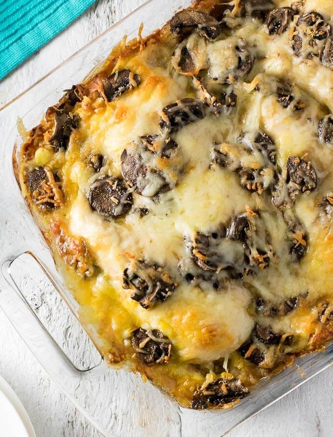 Pan of Portobello Swiss Chicken Bake viewed from above