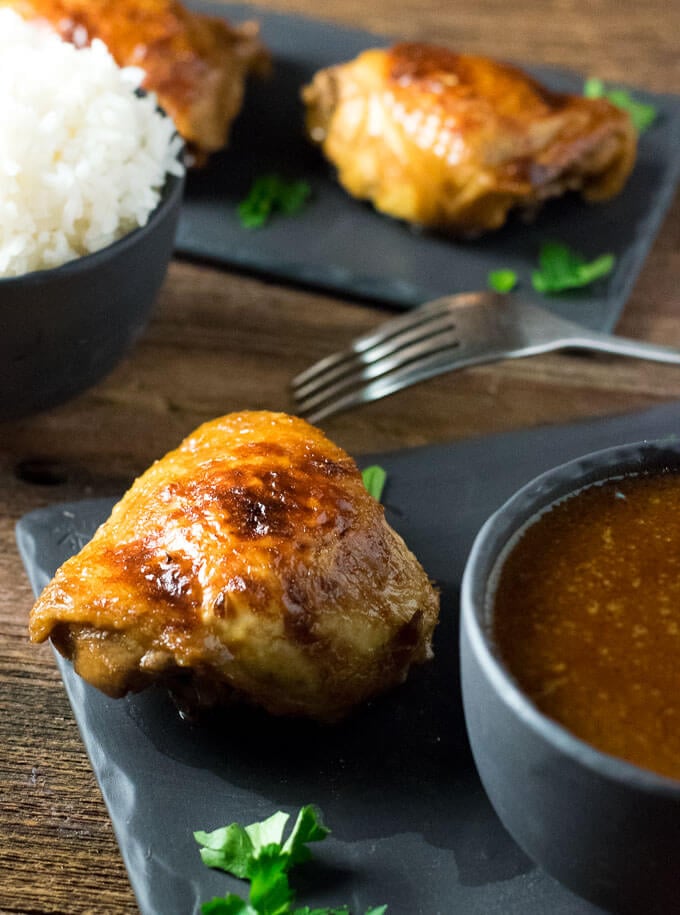 Adobo Chicken with Rice on table