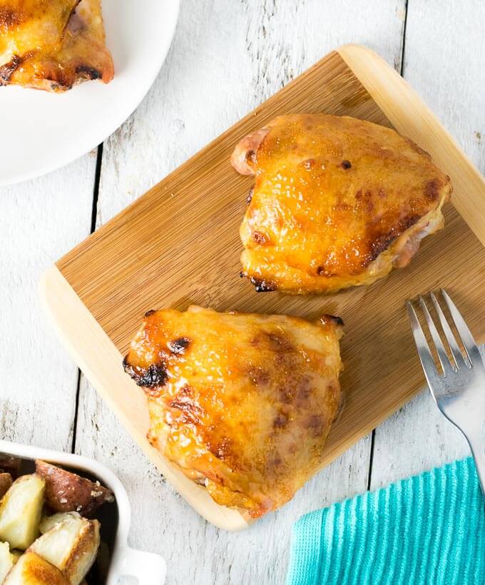 Above view of peach ginger broiled chicken thighs