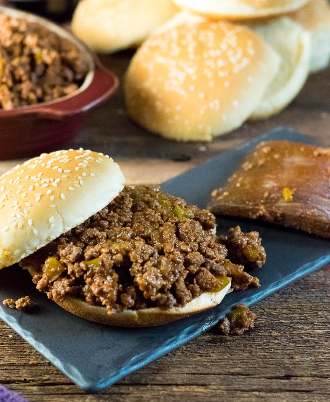 Homemade Sloppy Joes on bun shown close up.