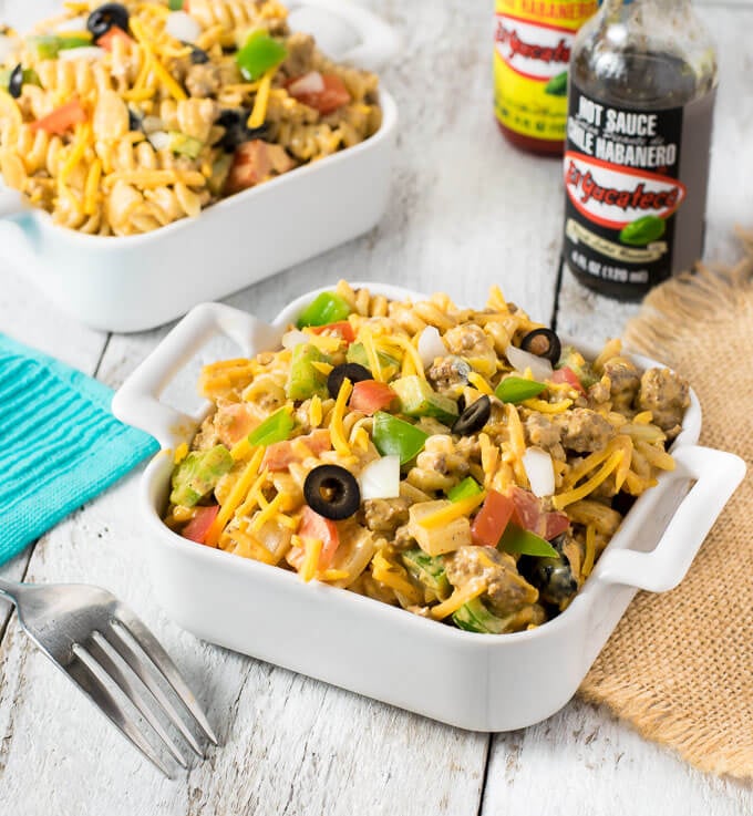 Smoky & Creamy Taco Pasta Salad on table.