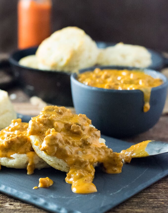 Cheesy Chorizo Gravy and Biscuits - Fox Valley Foodie