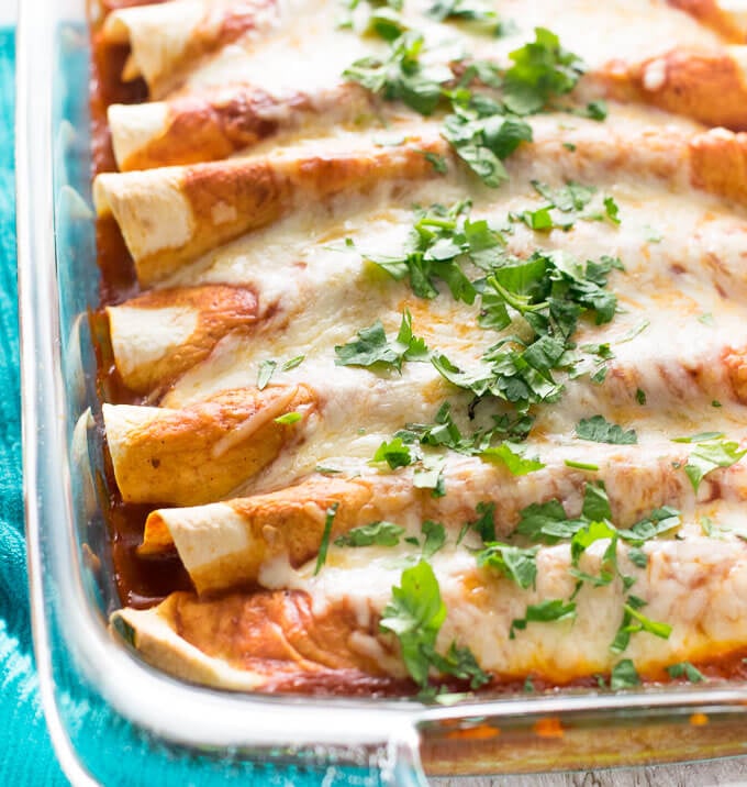 Easy Chicken Enchiladas in pan