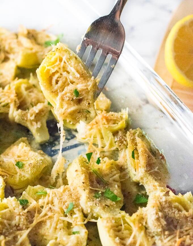 Baked Artichoke Hearts with Lemon and Parmesan.