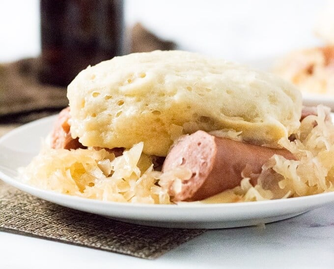 Slow Cooker Sauerkraut and Dumplings with Beer Braised Kielbasa