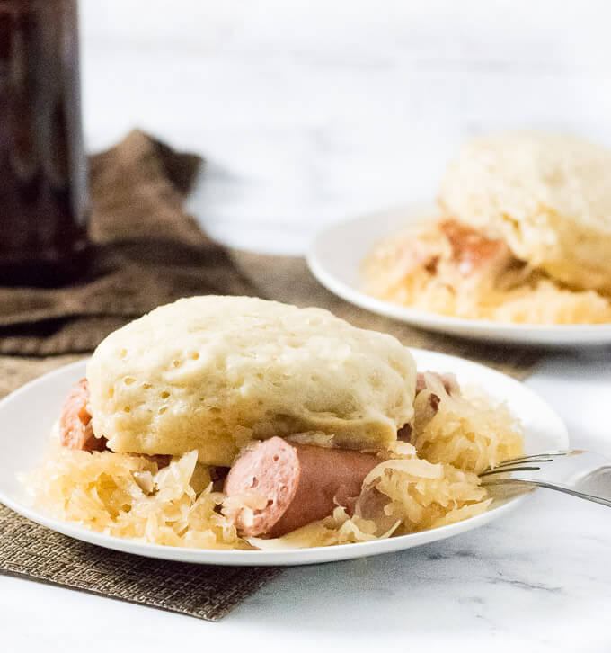 Slow Cooker Sauerkraut and Dumplings with Beer Braised Kielbasa