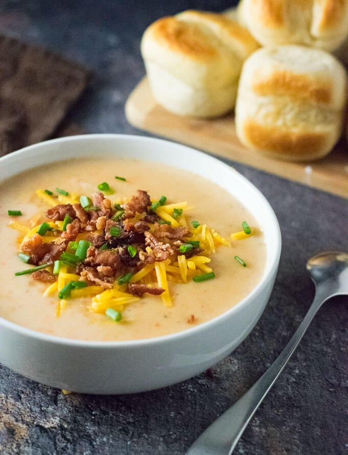 Potato Soup with Bacon Cheese and Chives.