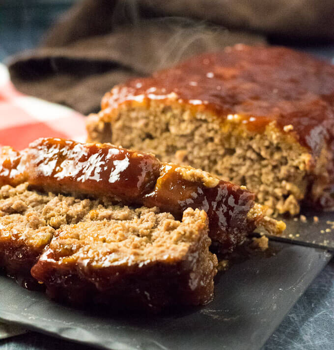 Sliced BBQ Meatloaf shown close up.