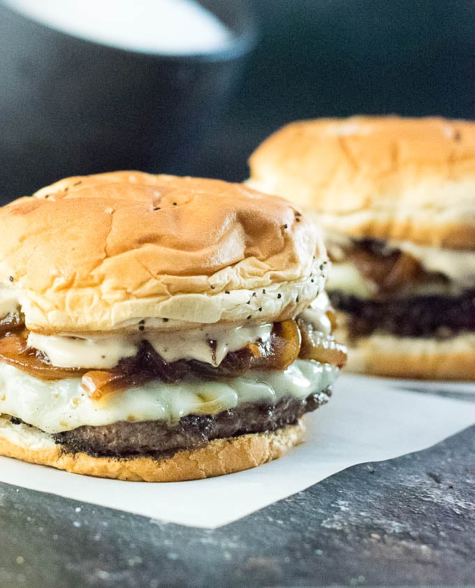 Serving Caramelized Onion Burgers.