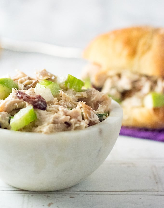 Chicken Salad with Apples in a white bowl.