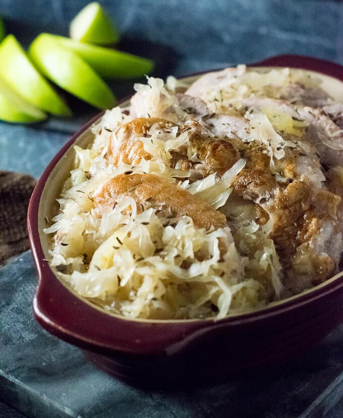 New Years Pork and Sauerkraut in serving dish.