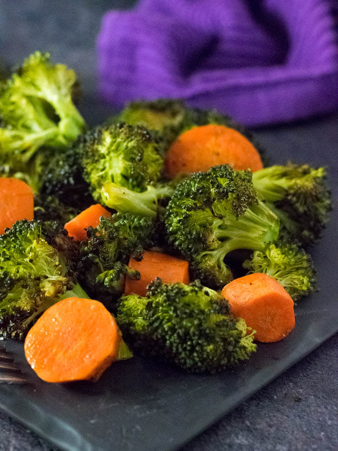 Close-up view of carrots and broccoli.