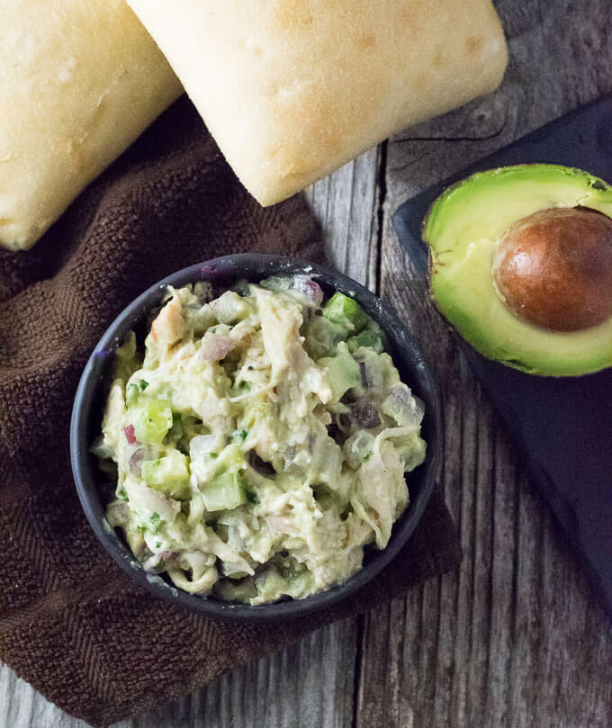 Healthy chicken salad with avocado and Greek yogurt.