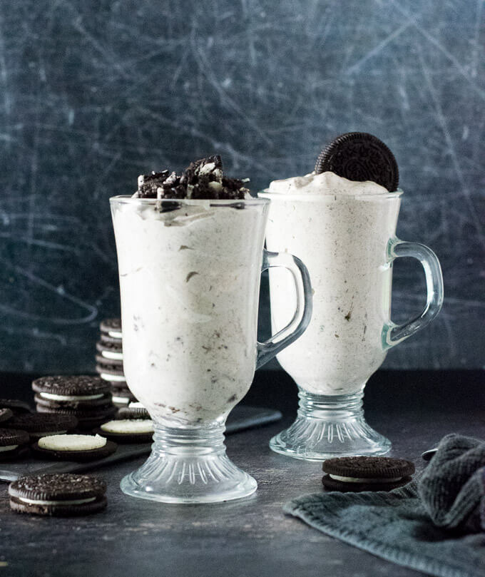Oreo Fluff in two glasses with crushed Oreos.