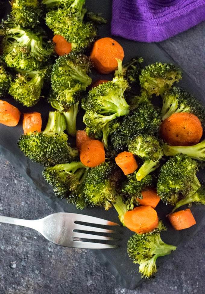 Roasted Broccoli and Carrots on serving tray.