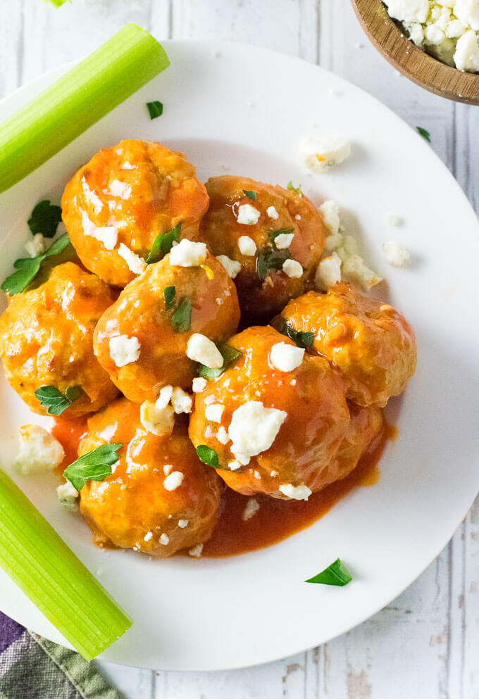 Buffalo Chicken Meatballs sprinkled in blue cheese crumbles.