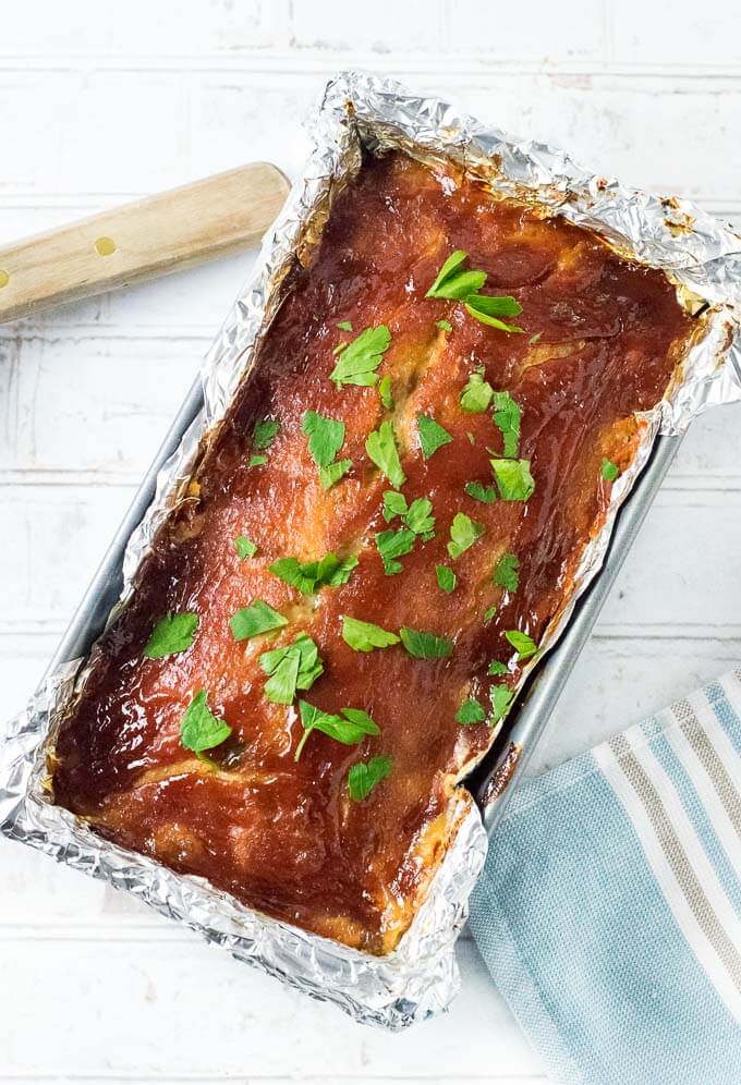 Healthy Chicken Meatloaf in loaf pan.