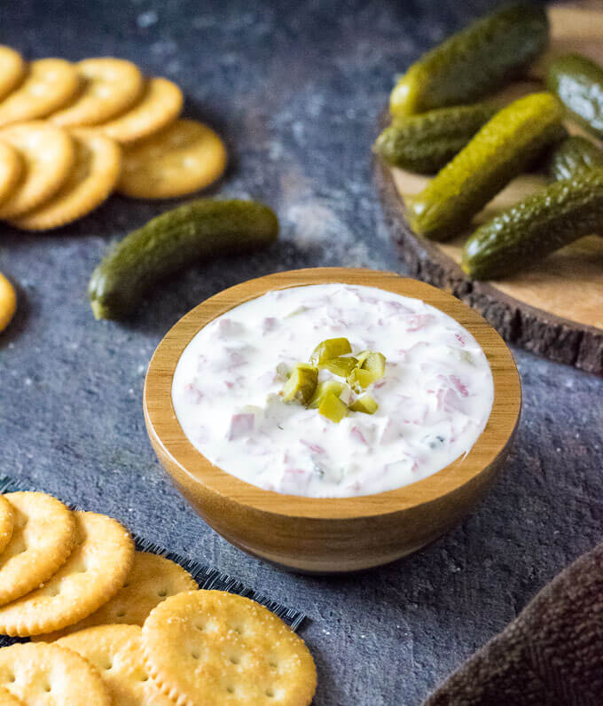 Pickle Wrap Dip Party Appetizer in bowl.