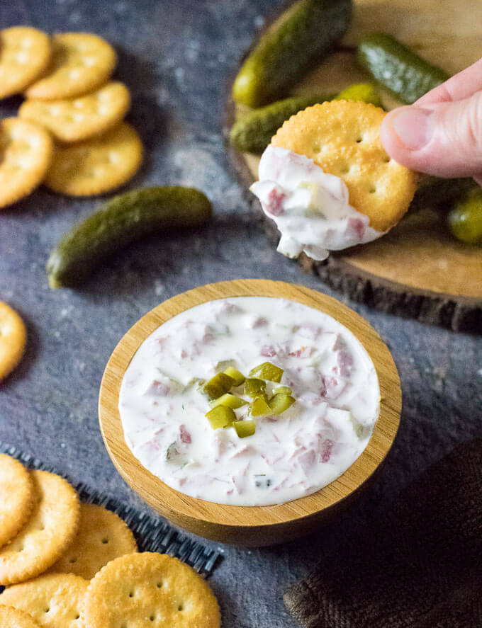 Cracker in pickle wrap dip.