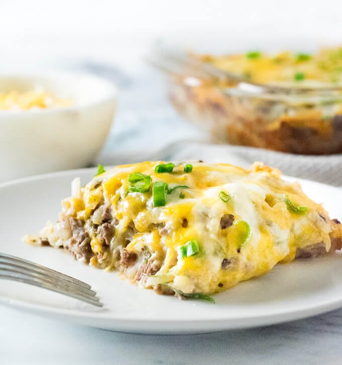 Serving Hamburger Hash Brown Casserole.