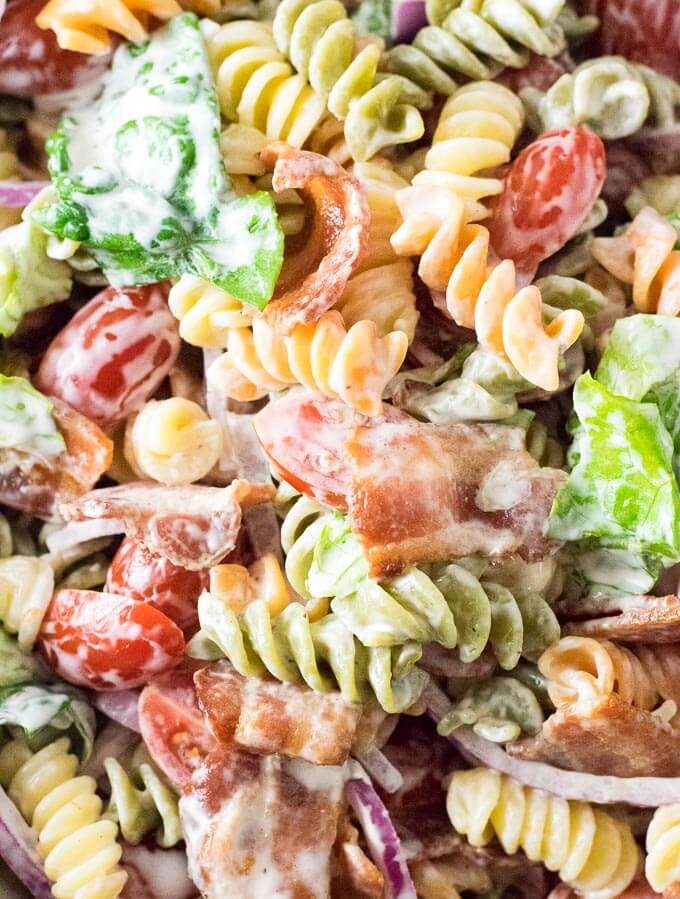 Close up look at pasta salad ingredients.